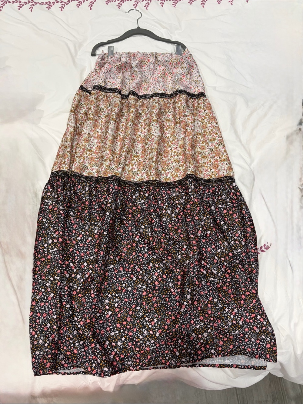 Halston Heritage Black and Pink Tiered Floral Maxi Skirt